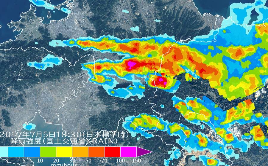 線状降水帯のXバンドMPレーダーによる降雨強度分布（平成29年7月九州北部豪雨）